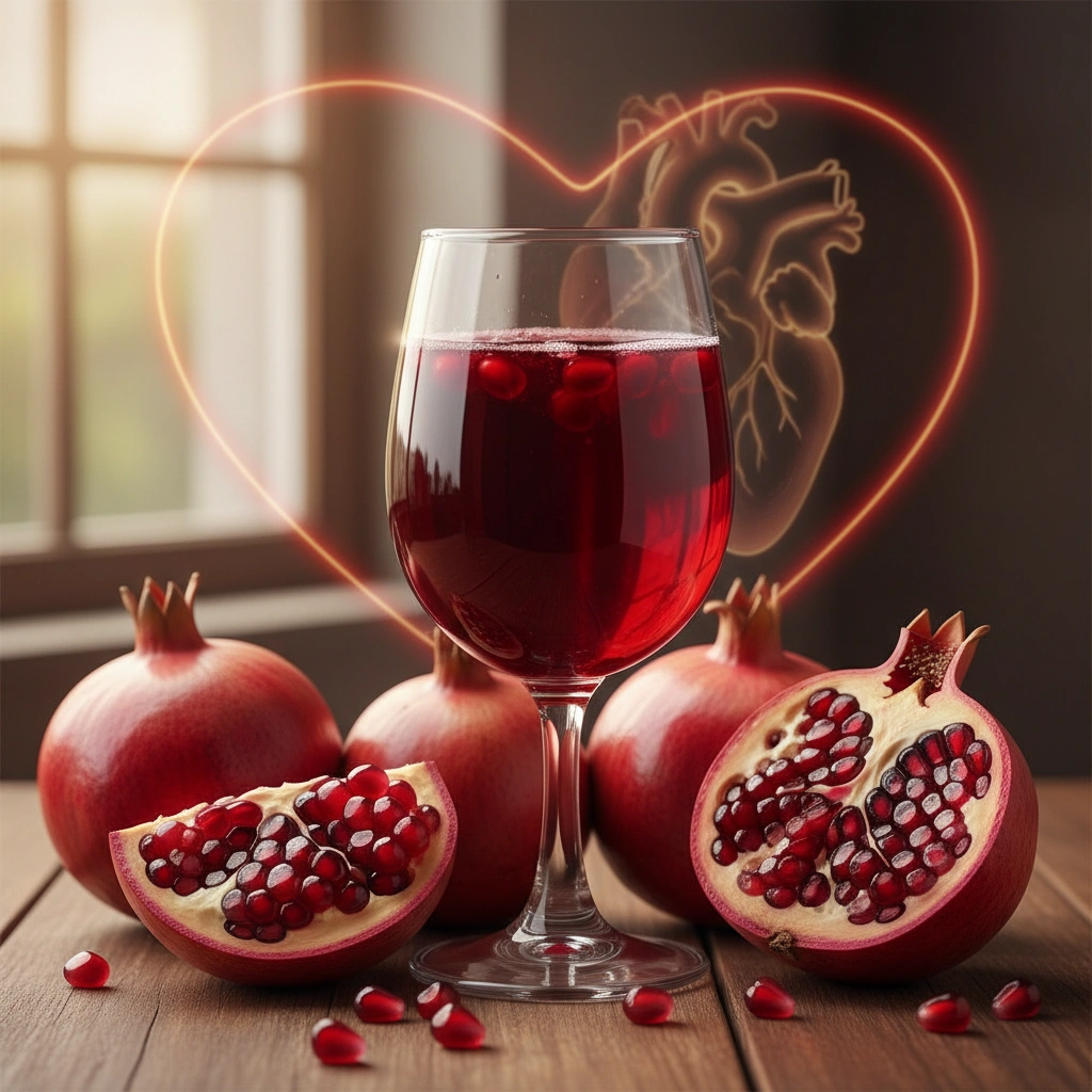 Pomegranate juice with fresh pomegranates, known for antioxidants that protect heart health.