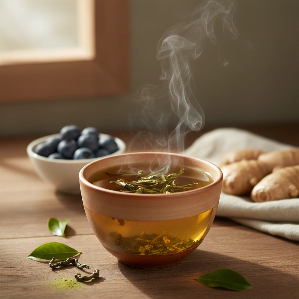 Cup of green tea with tea leaves, rich in antioxidants that support cardiovascular health.