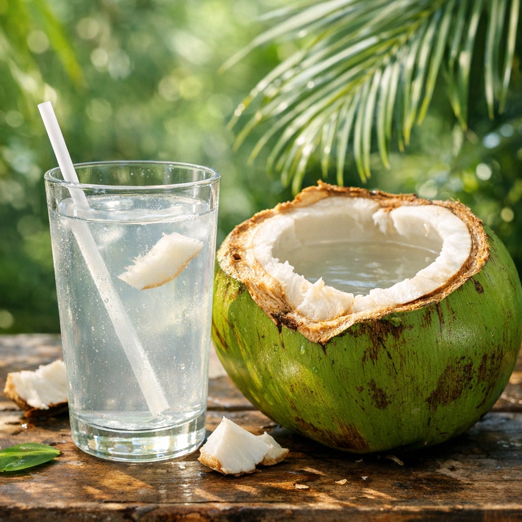 Fresh coconut water in a glass with coconut halves, rich in potassium to support healthy blood pressure.