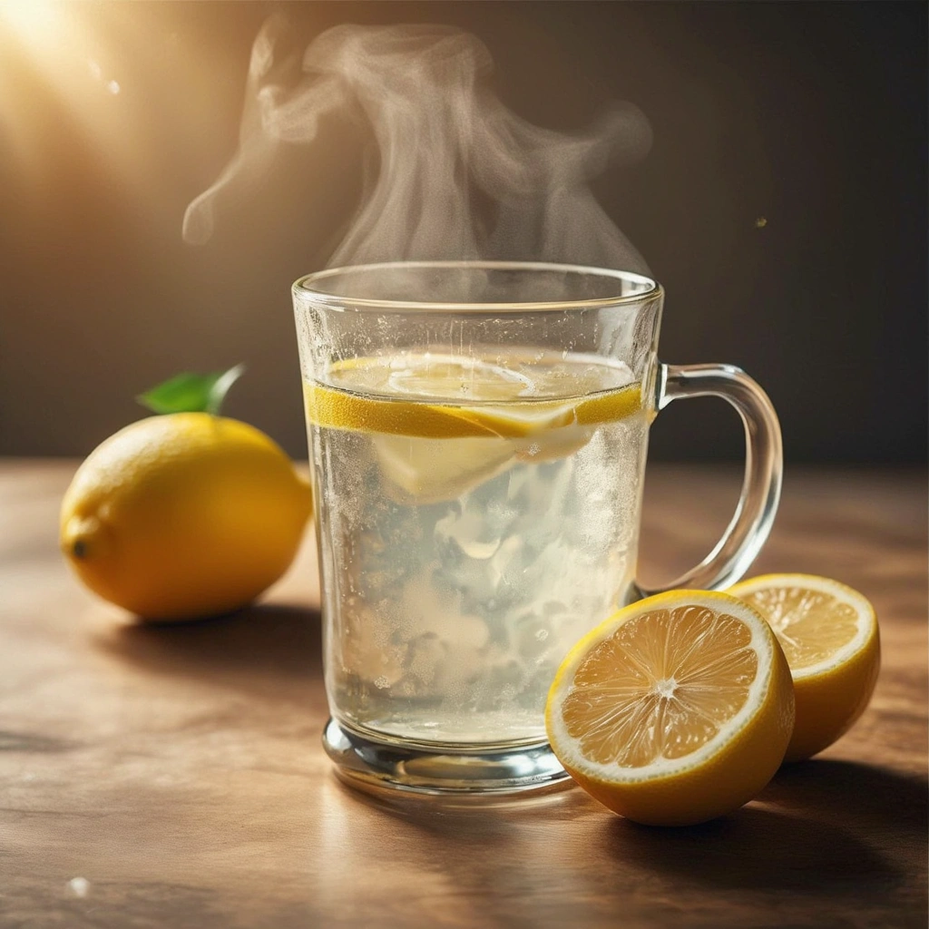 Warm lemon water with fresh lemon slices, supporting detoxification and heart health.