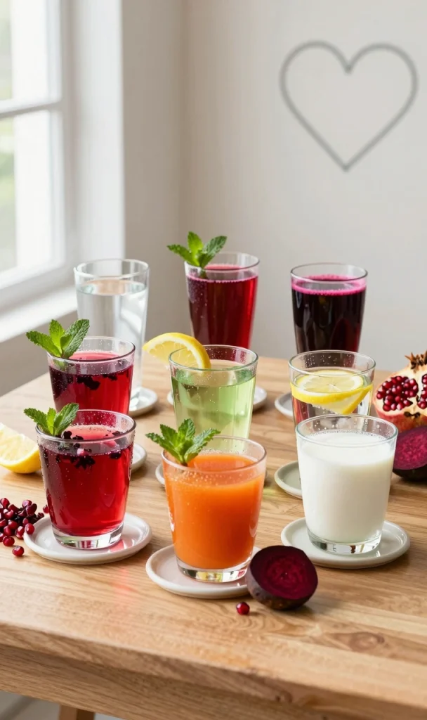 Nine heart-healthy drinks including water, coconut water, pomegranate juice, beetroot juice, green tea, hibiscus tea, lemon water, tomato juice, and skim milk arranged for natural blood pressure control.